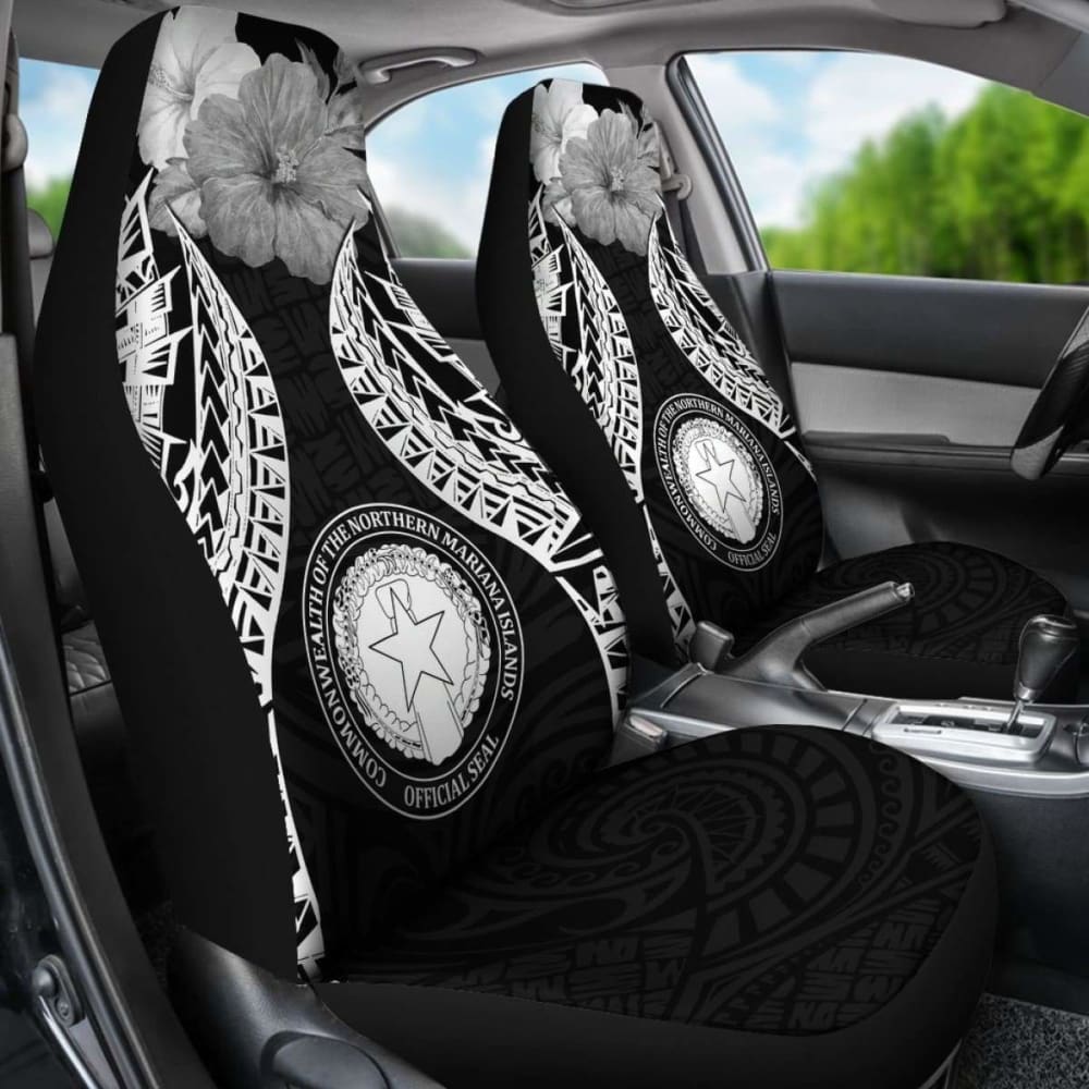 Northern Mariana Islands Polynesian Car Seat Covers Pride Seal And Hibiscus Black - 232125 - YourCarButBetter