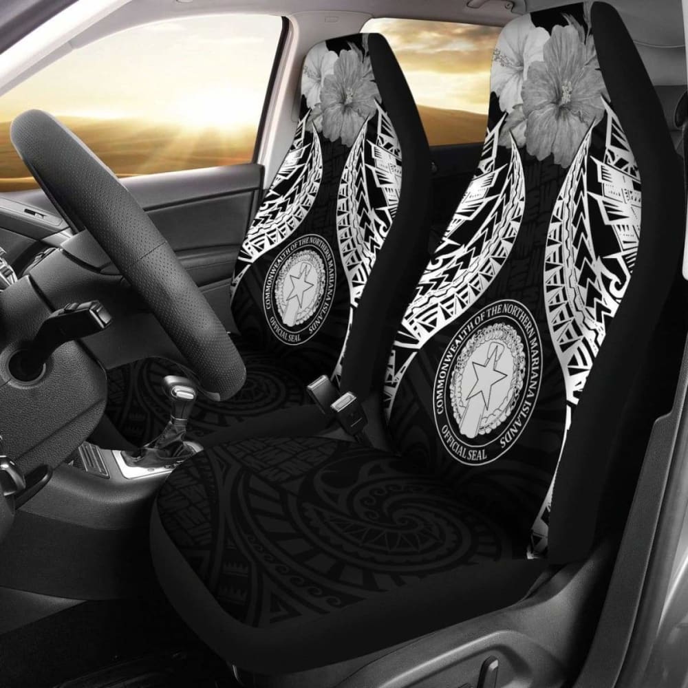 Northern Mariana Islands Polynesian Car Seat Covers Pride Seal And Hibiscus Black - 232125 - YourCarButBetter