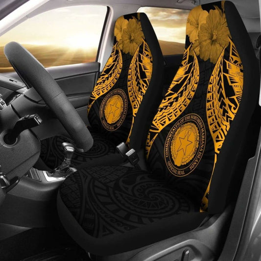 Northern Mariana Islands Polynesian Car Seat Covers Pride Seal And Hibiscus Gold - 232125 - YourCarButBetter