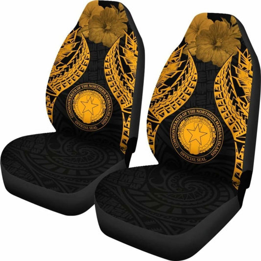 Northern Mariana Islands Polynesian Car Seat Covers Pride Seal And Hibiscus Gold - 232125 - YourCarButBetter