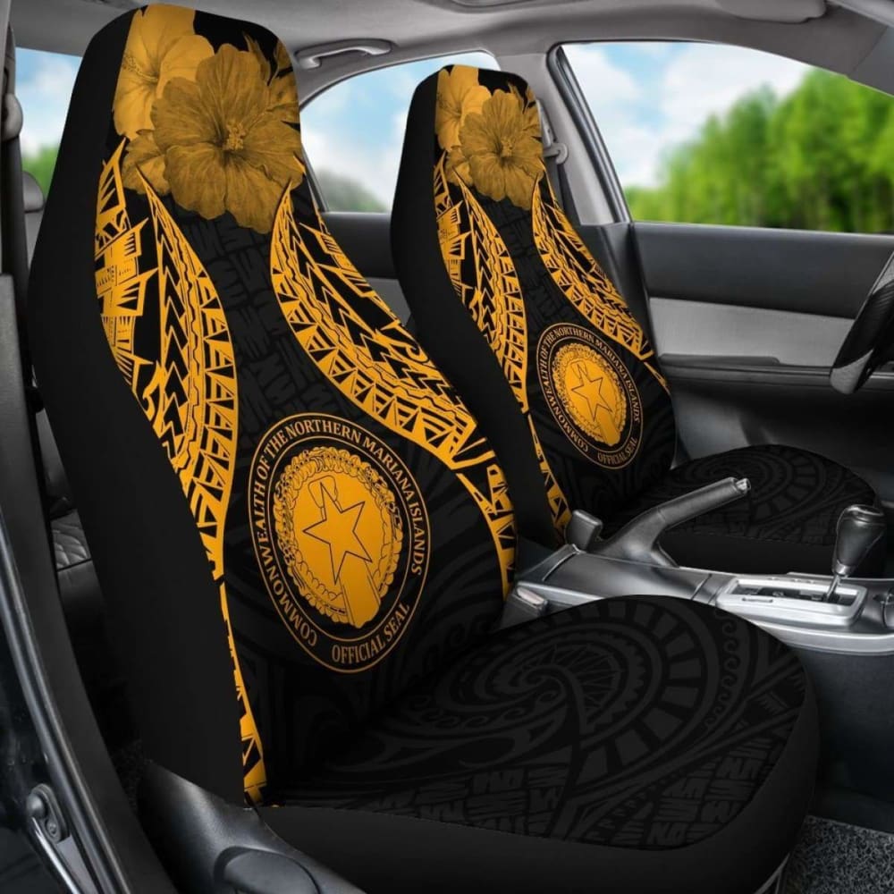 Northern Mariana Islands Polynesian Car Seat Covers Pride Seal And Hibiscus Gold - 232125 - YourCarButBetter