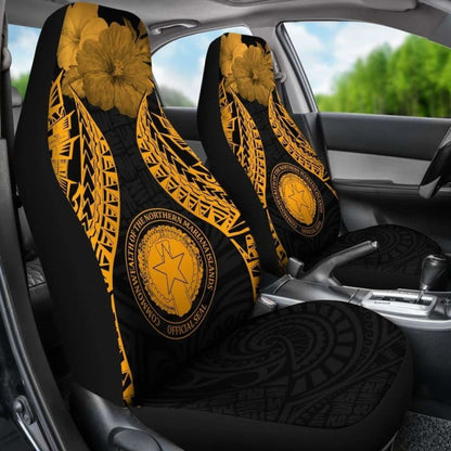 Northern Mariana Islands Polynesian Car Seat Covers Pride Seal And Hibiscus Gold - 232125 - YourCarButBetter