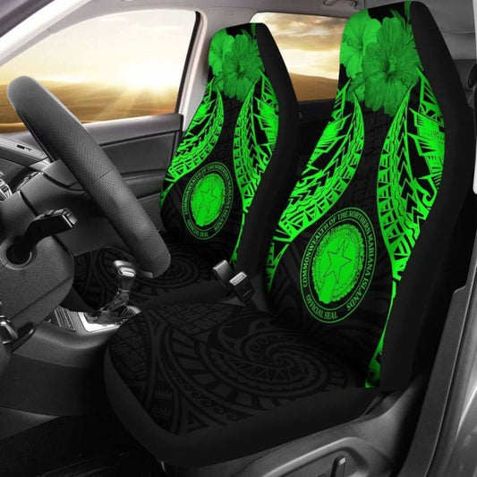 Northern Mariana Islands Polynesian Car Seat Covers Pride Seal And Hibiscus Green - 232125 - YourCarButBetter