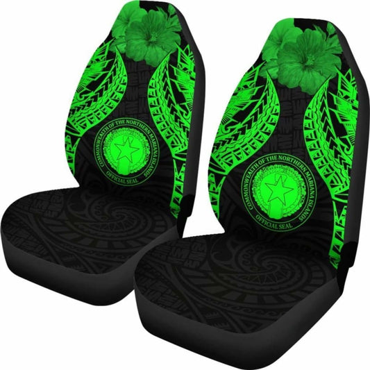 Northern Mariana Islands Polynesian Car Seat Covers Pride Seal And Hibiscus Green - 232125 - YourCarButBetter