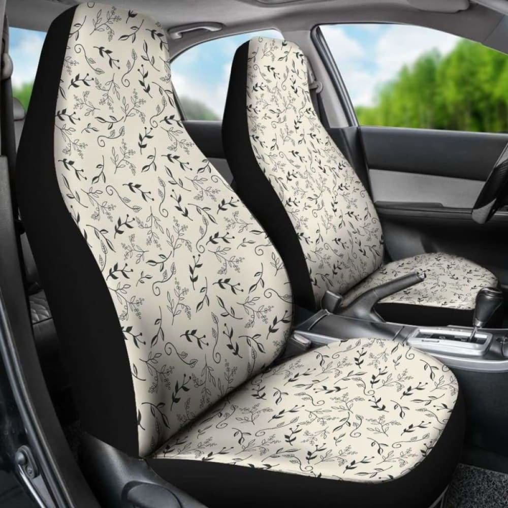 Off White With Black And Gray Leaves Car Seat Covers 174914 - YourCarButBetter
