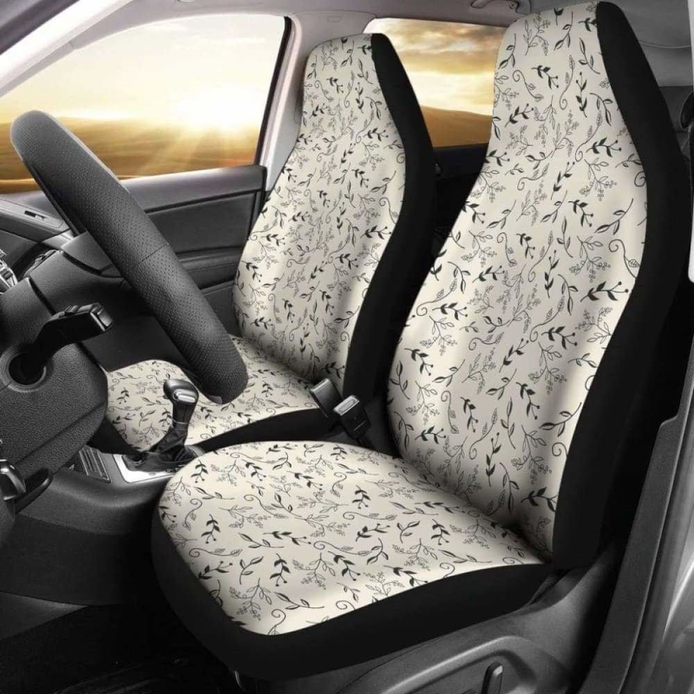 Off White With Black And Gray Leaves Car Seat Covers 174914 - YourCarButBetter