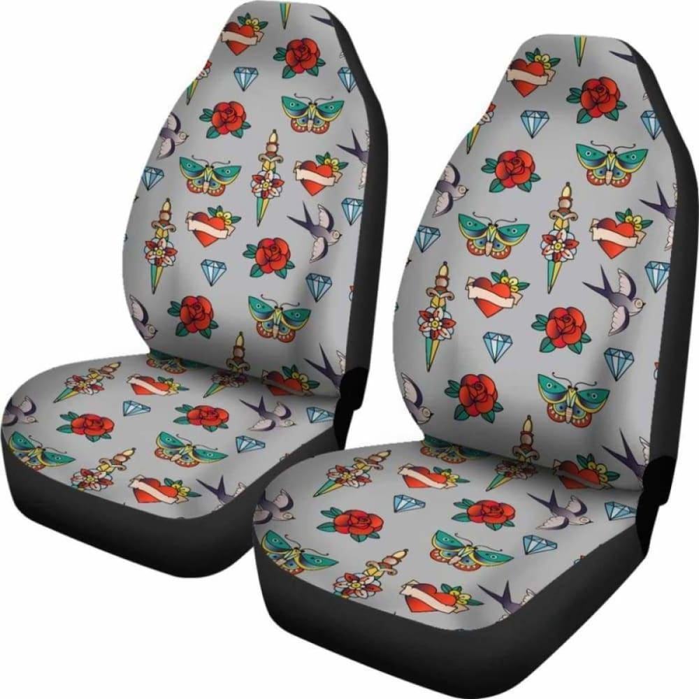 Old School Tattoo Traditional Vintage Style Pattern On Gray Car Seat Covers 174914 - YourCarButBetter