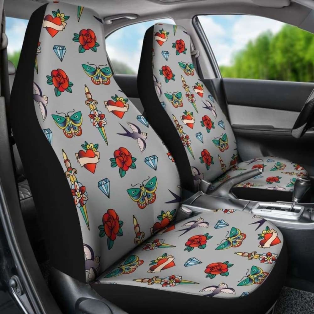 Old School Tattoo Traditional Vintage Style Pattern On Gray Car Seat Covers 174914 - YourCarButBetter