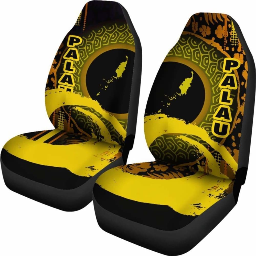 Palau Car Seat Covers - Palau Map Hibiscus And Wave Yellow - 232125 - YourCarButBetter