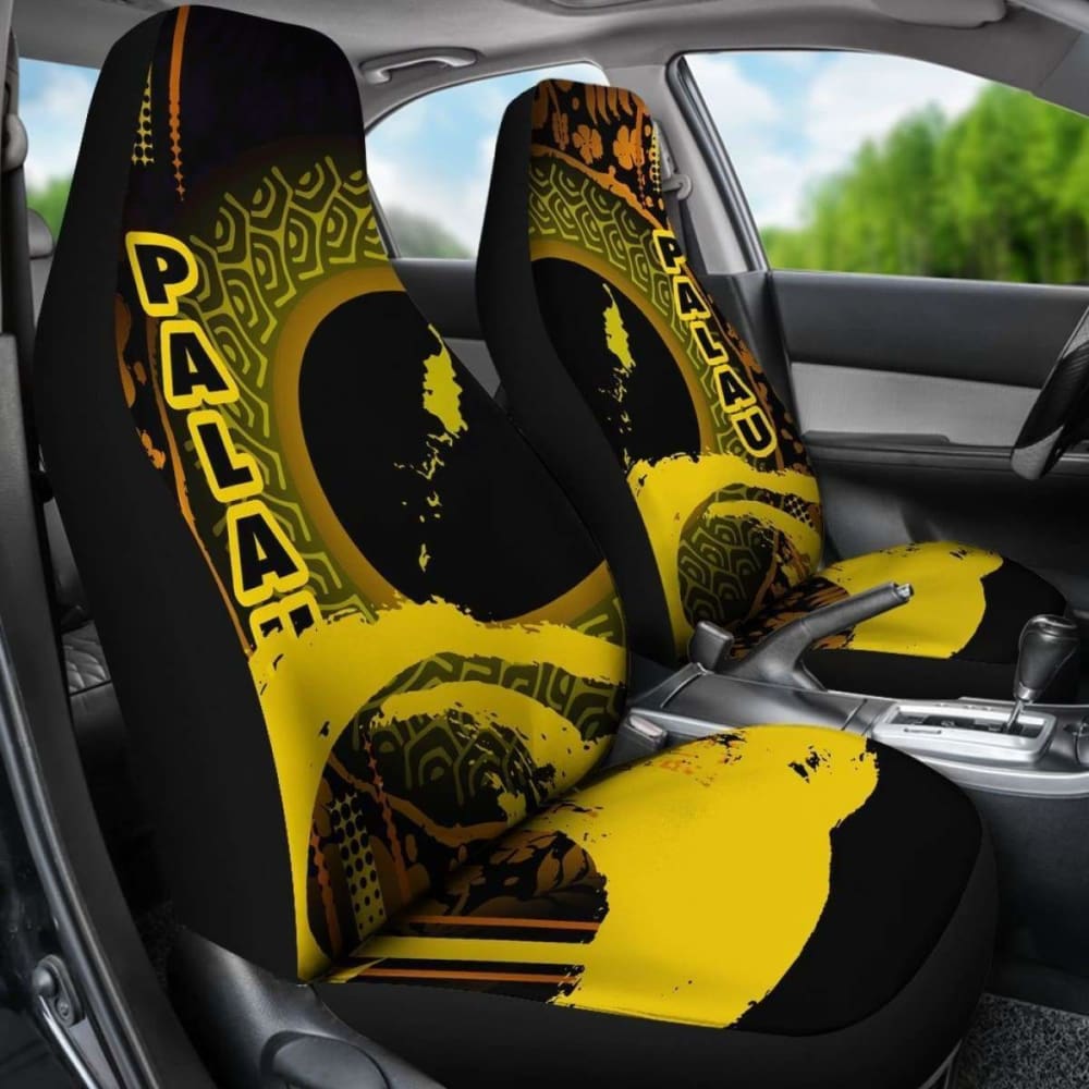Palau Car Seat Covers - Palau Map Hibiscus And Wave Yellow - 232125 - YourCarButBetter