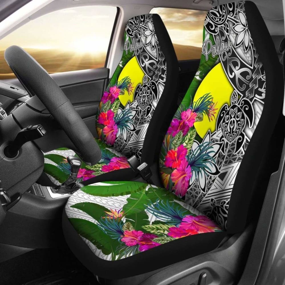Palau Car Seat Covers White - Turtle Plumeria Banana Leaf - 091114 - YourCarButBetter