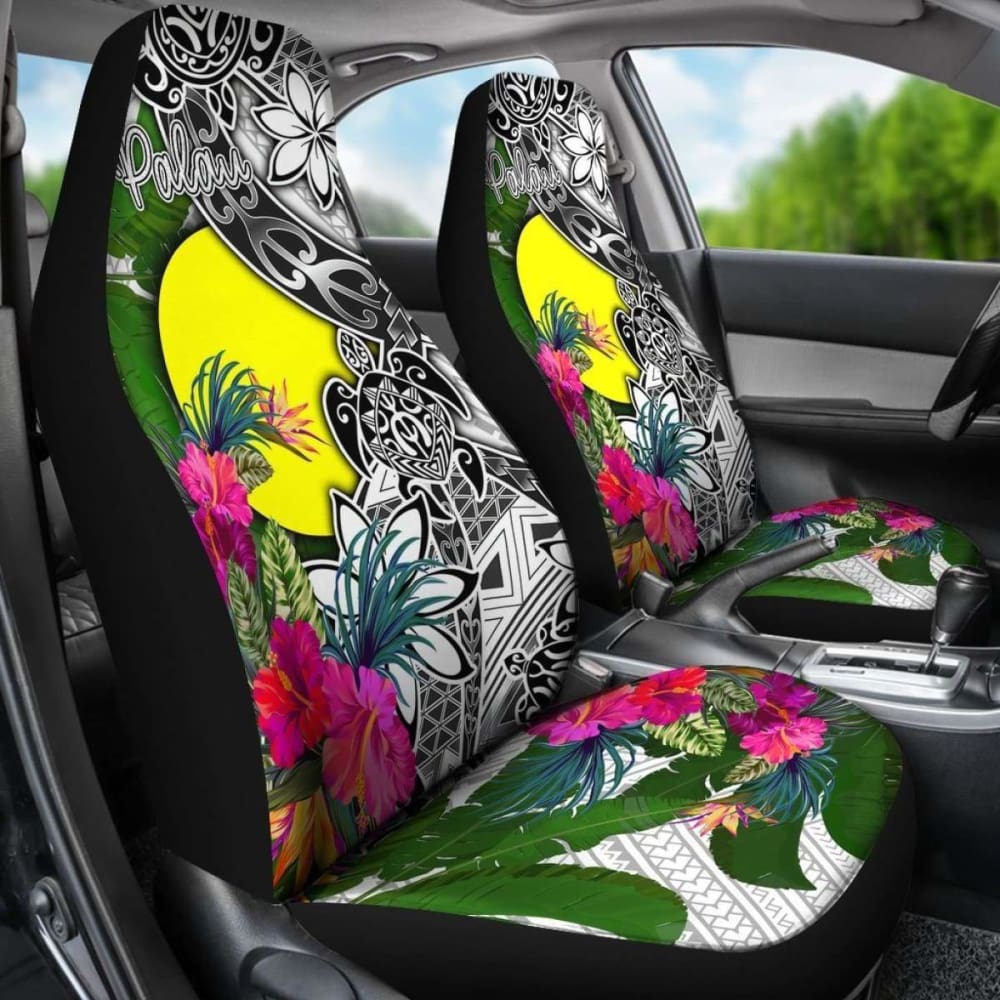 Palau Car Seat Covers White - Turtle Plumeria Banana Leaf - 091114 - YourCarButBetter