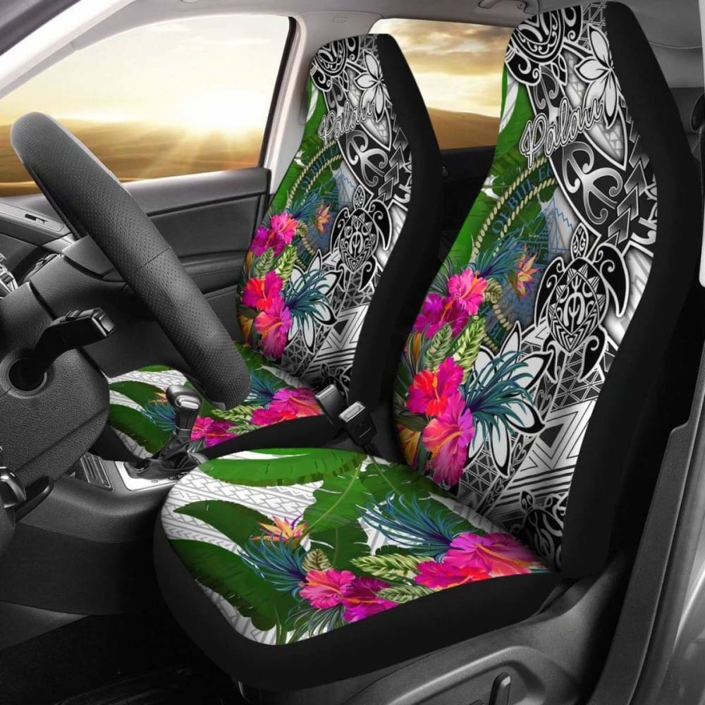Palau Car Seat Covers White - Turtle Plumeria Banana Leaf Crest - 091114 - YourCarButBetter