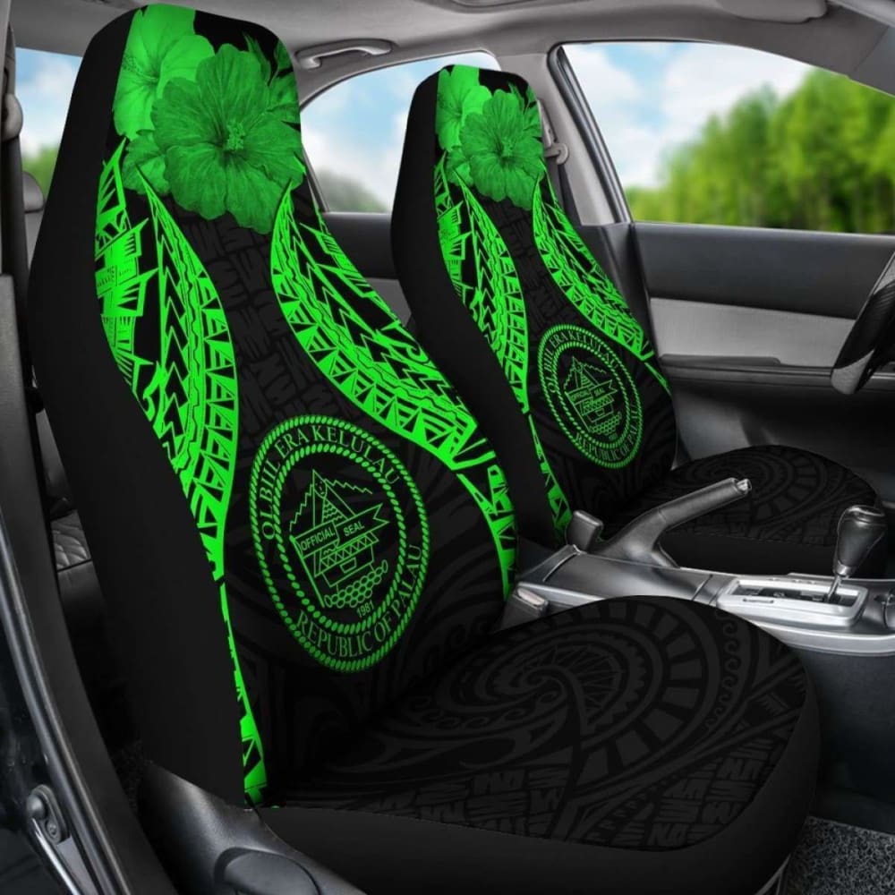 Palau Polynesian Car Seat Covers Pride Seal And Hibiscus Green - 232125 - YourCarButBetter