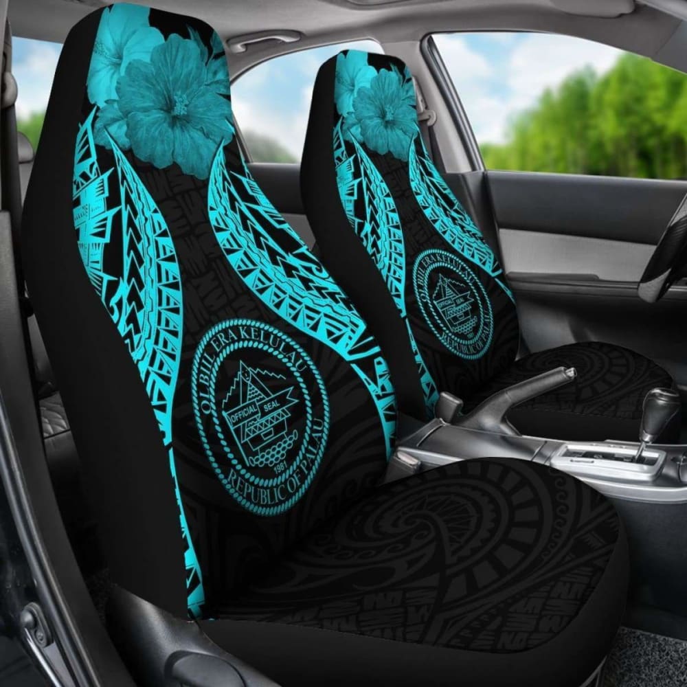 Palau Polynesian Car Seat Covers Pride Seal And Hibiscus Neon Blue - 232125 - YourCarButBetter