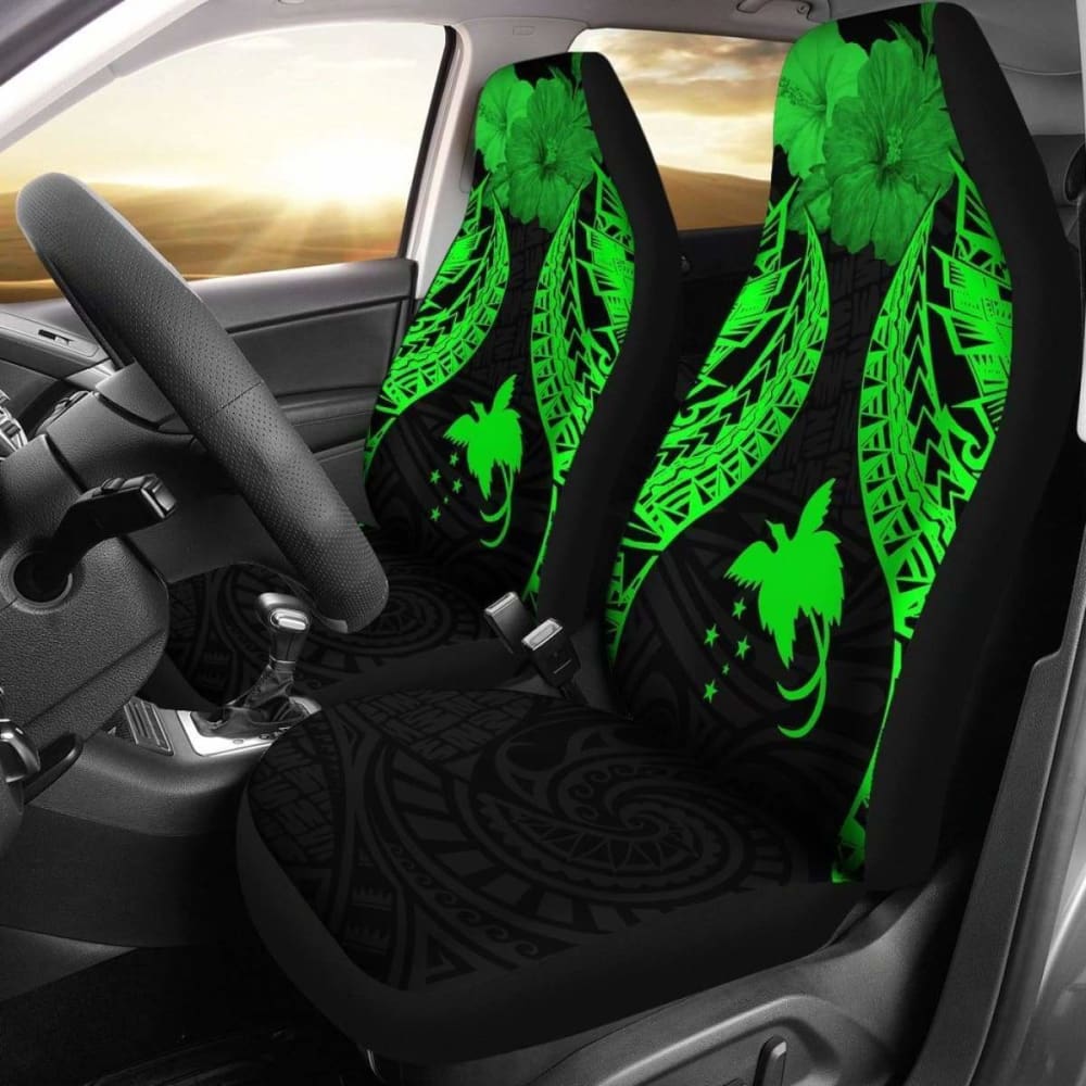 Papua New Guinea Polynesian Car Seat Covers Pride Seal And Hibiscus Green - 232125 - YourCarButBetter