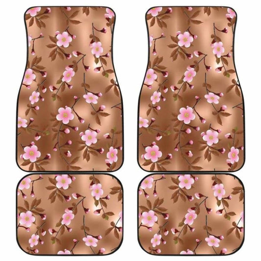 Pink Sakura Cherry Blossom Drak Brown Background Front And Back Car Mats 110424 - YourCarButBetter