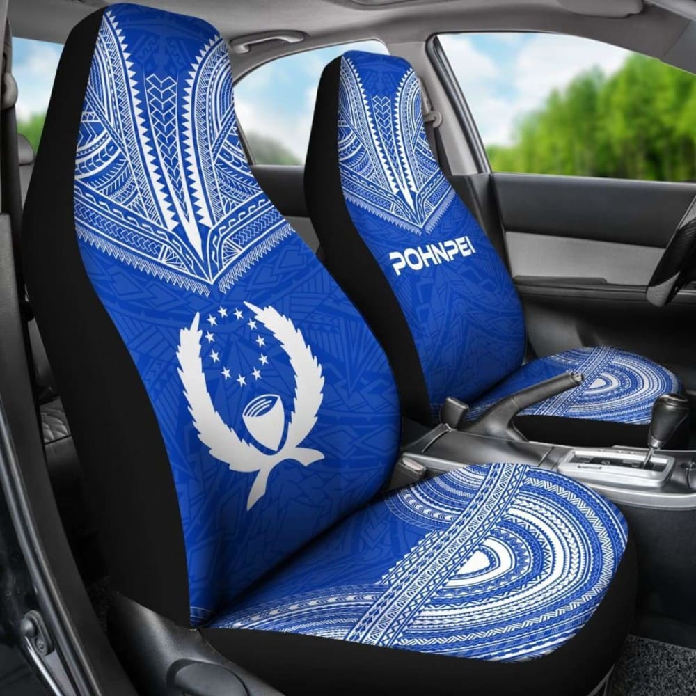 Pohnpei Car Seat Cover - Pohnpei Flag Polynesian Chief Tattoo Blue Version - 10 174914 - YourCarButBetter