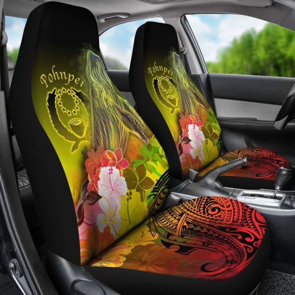 Pohnpei Car Seat Covers - Humpback Whale With Tropical Flowers (Yellow)- 105905 - YourCarButBetter