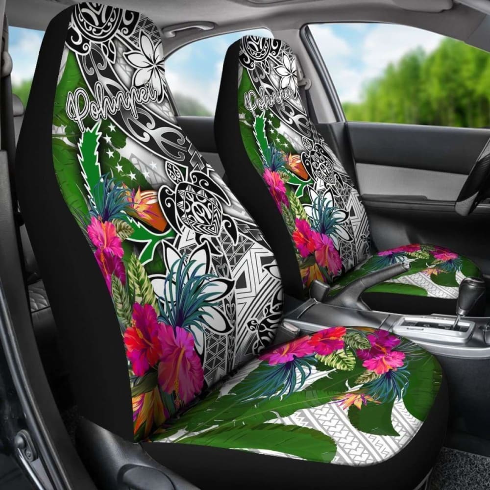 Pohnpei Car Seat Covers White - Turtle Plumeria Banana Leaf - 091114 - YourCarButBetter