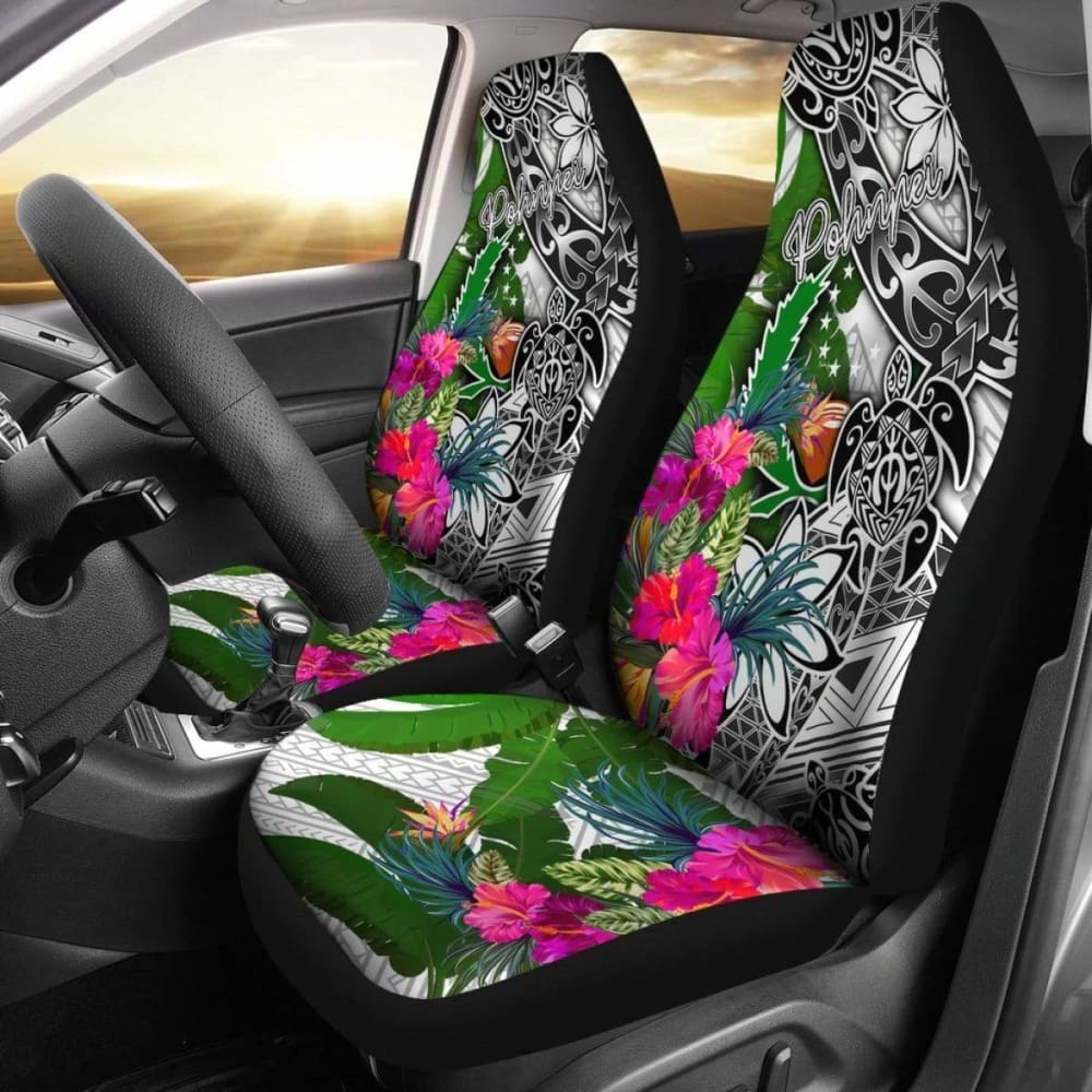 Pohnpei Car Seat Covers White - Turtle Plumeria Banana Leaf - 091114 - YourCarButBetter