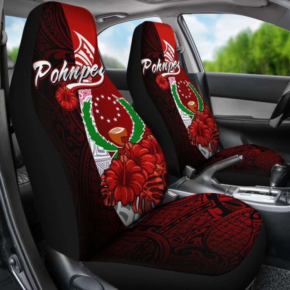 Pohnpei Micronesia Car Seat Covers - Coat Of Arm With Hibiscus - 232125 - YourCarButBetter