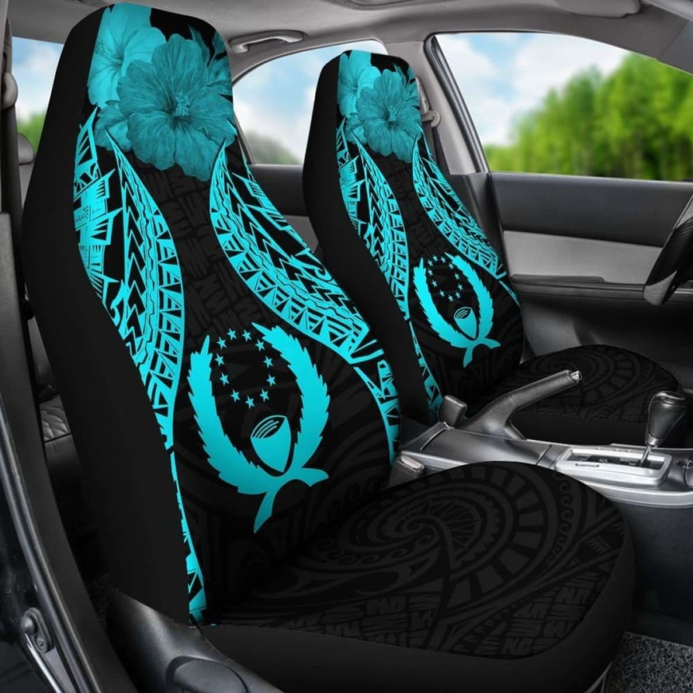 Pohnpei Polynesian Car Seat Covers Pride Seal And Hibiscus Neon Blue - 232125 - YourCarButBetter