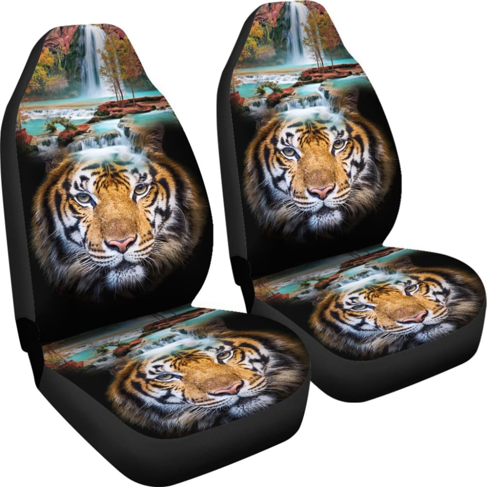 Powerful Brown Tiger with Amazing Waterfall Car Seat Covers 210102 - YourCarButBetter