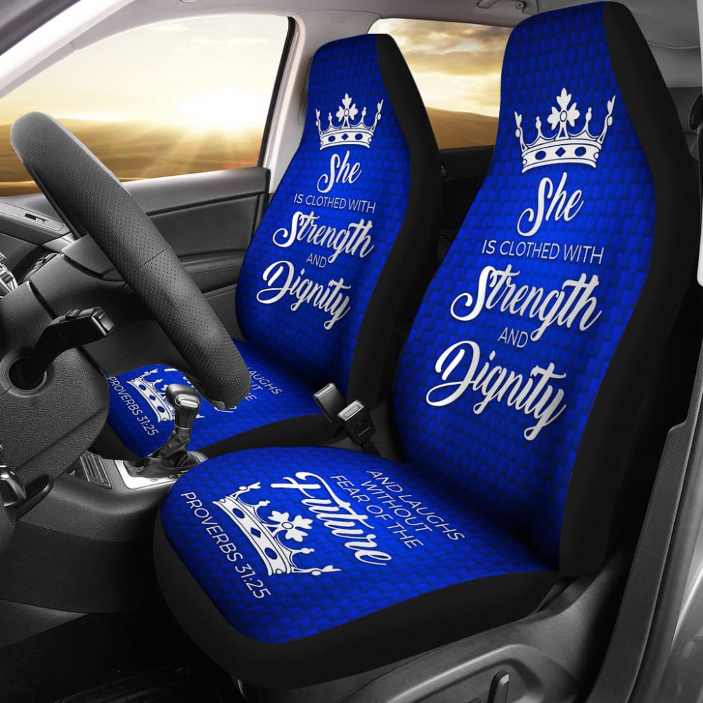 Proverbs 31 Blue White She Is Clothed With Strength And Dignity Car Seat Covers 211901 - YourCarButBetter