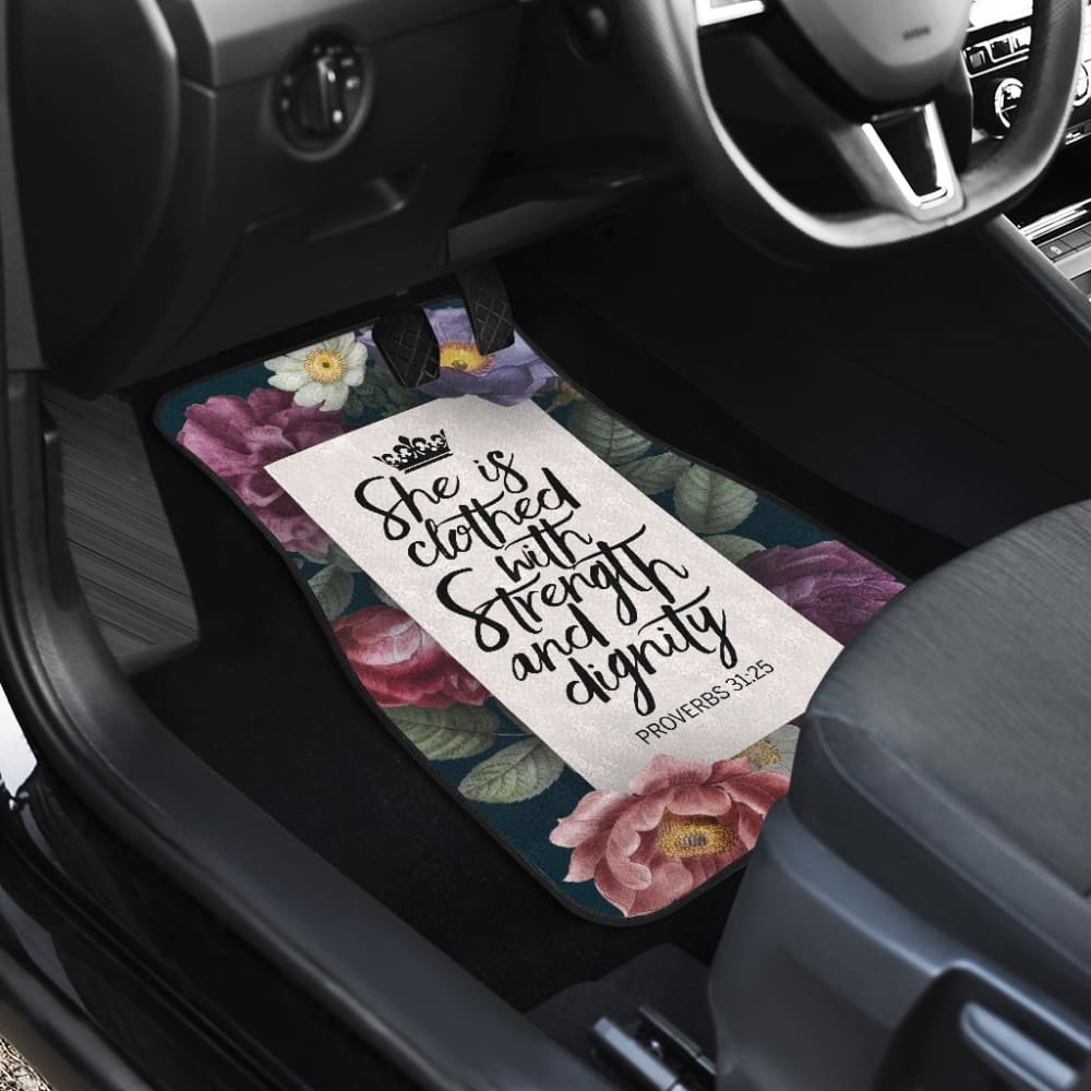 Proverbs 31:25 She Is Clothed With Strength And Dignity Custom Queen Crown And Multi Flowers Car Floor Mats 211305 - YourCarButBetter