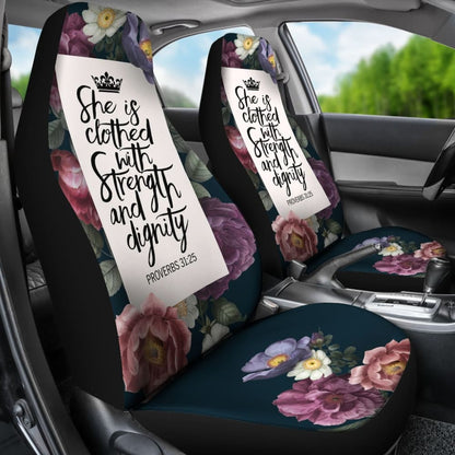 Proverbs 31:25 She Is Clothed With Strength And Dignity Custom Queen Crown And Multi Flowers Car Seat Covers 211305 - YourCarButBetter