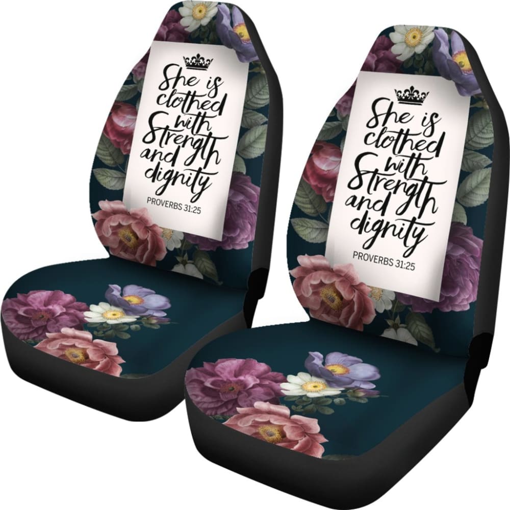Proverbs 31:25 She Is Clothed With Strength And Dignity Custom Queen Crown And Multi Flowers Car Seat Covers 211305 - YourCarButBetter