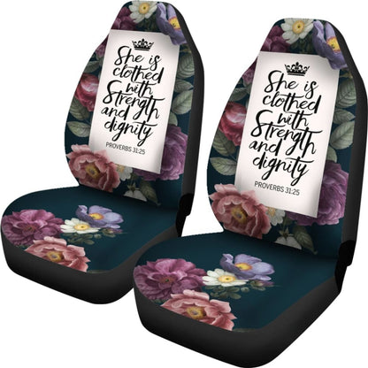 Proverbs 31:25 She Is Clothed With Strength And Dignity Custom Queen Crown And Multi Flowers Car Seat Covers 211305 - YourCarButBetter
