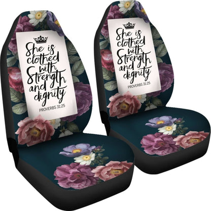 Proverbs 31:25 She Is Clothed With Strength And Dignity Custom Queen Crown And Multi Flowers Car Seat Covers 211305 - YourCarButBetter