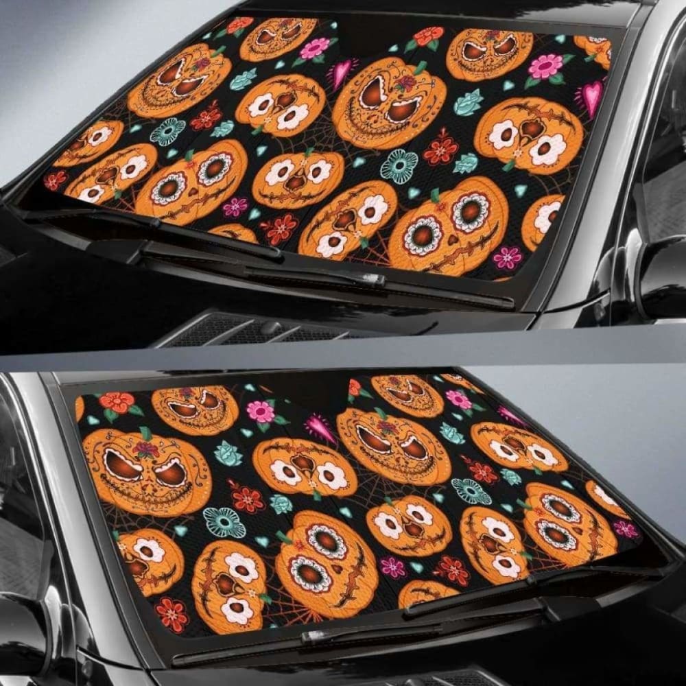 Pumpkin Flowers Spiderweb Halloween Theme Car Auto Sun Shades 085424 - YourCarButBetter