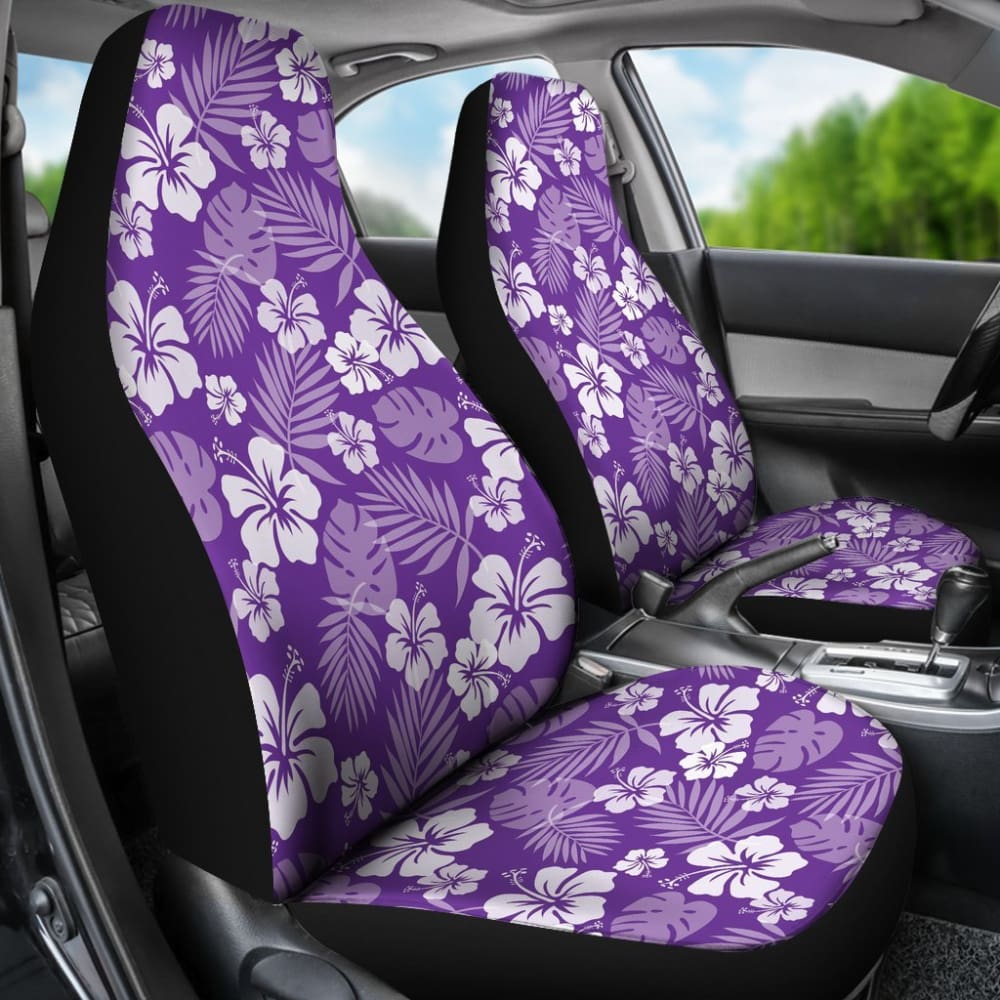 Purple With White Hibiscus Flowers Car Seat Covers Seat Protectors 101819 - YourCarButBetter