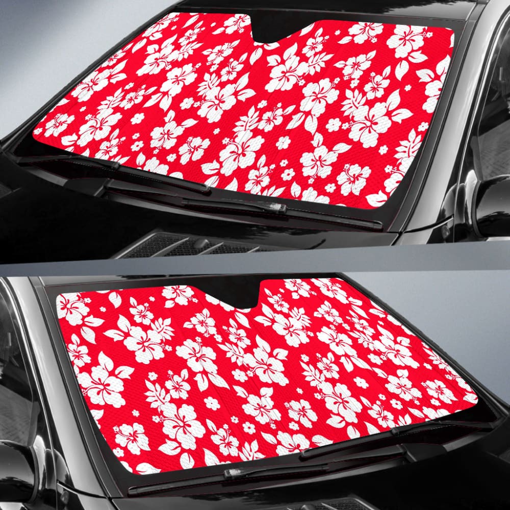 Red And White Hibiscus Flowers Hawaiian Flower Pattern Car Auto Sun Shades 210501 - YourCarButBetter