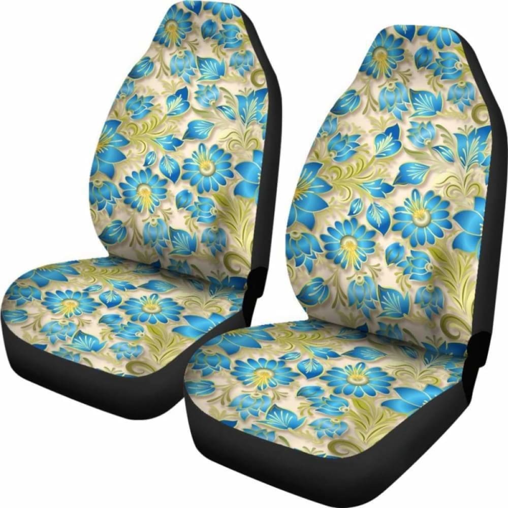Retro Blue Flowers On Light Tan Car Seat Covers 094201 - YourCarButBetter