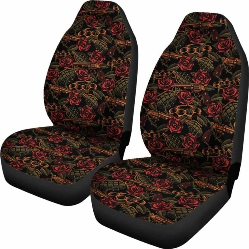 Roses With Grenades Guns And Brass Knuckles Car Seat Covers Weapons Pattern Seat Protectors 174914 - YourCarButBetter