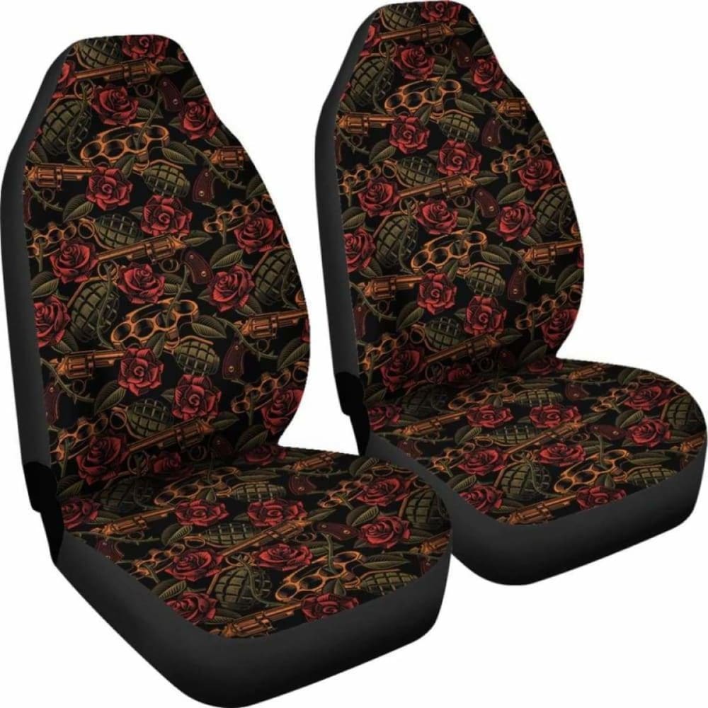 Roses With Grenades Guns And Brass Knuckles Car Seat Covers Weapons Pattern Seat Protectors 174914 - YourCarButBetter
