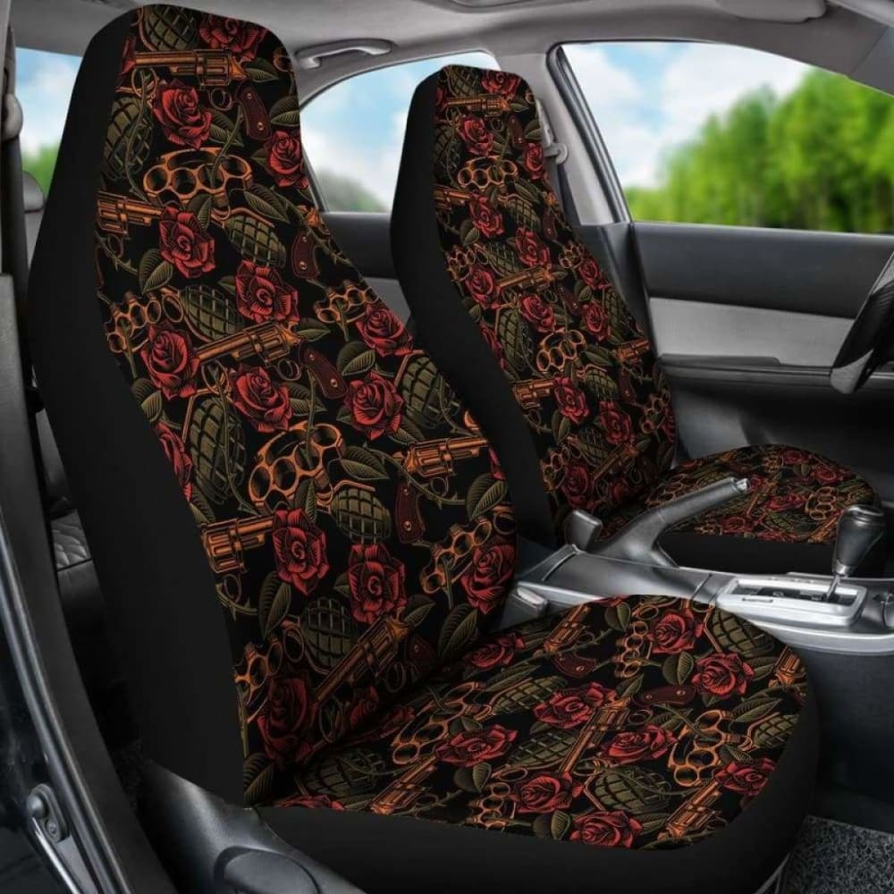 Roses With Grenades Guns And Brass Knuckles Car Seat Covers Weapons Pattern Seat Protectors 174914 - YourCarButBetter