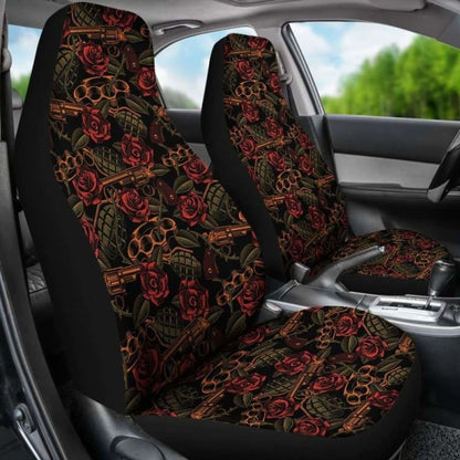 Roses With Grenades Guns And Brass Knuckles Car Seat Covers Weapons Pattern Seat Protectors 174914 - YourCarButBetter
