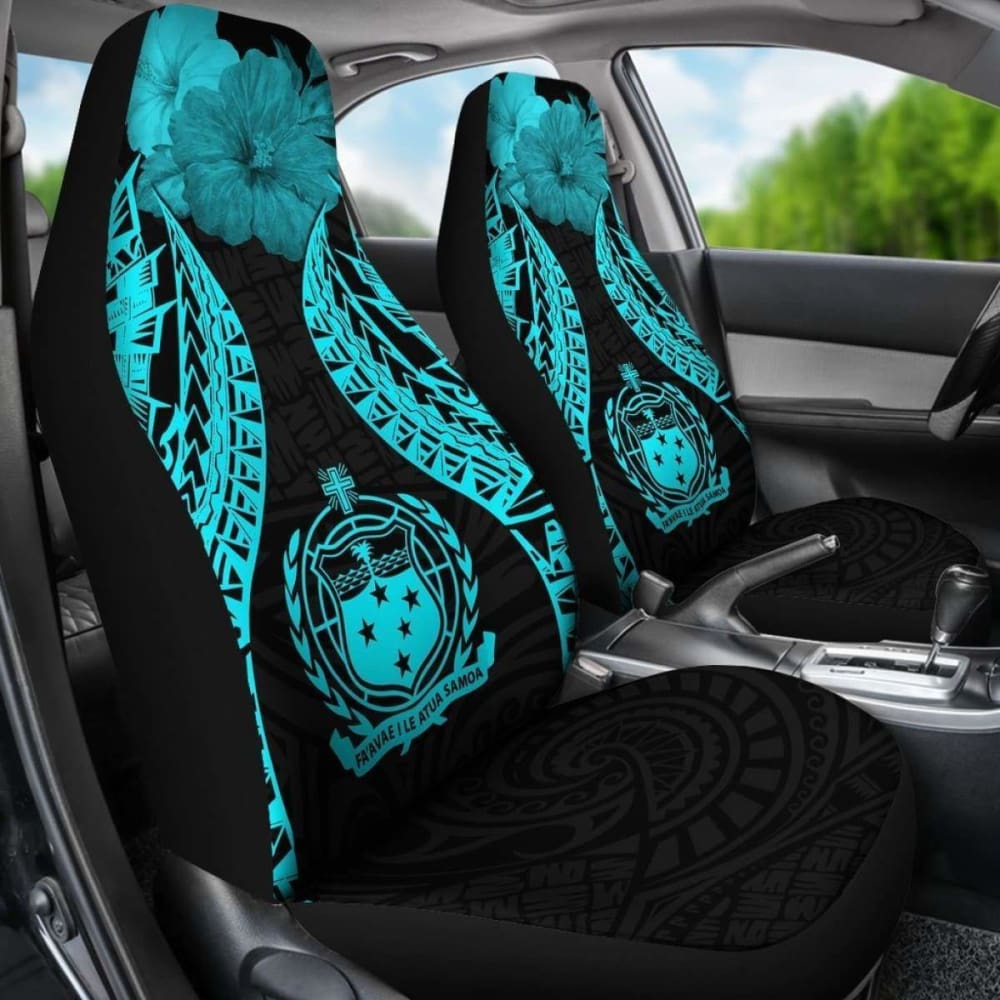 Samoa Polynesian Car Seat Covers Pride Seal And Hibiscus Neon Blue - 232125 - YourCarButBetter