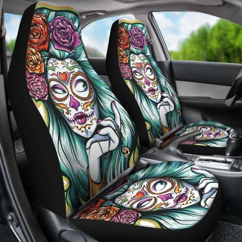 Set 2 Day Of The Dead Car Seat Cover Sugar Skulls 101207