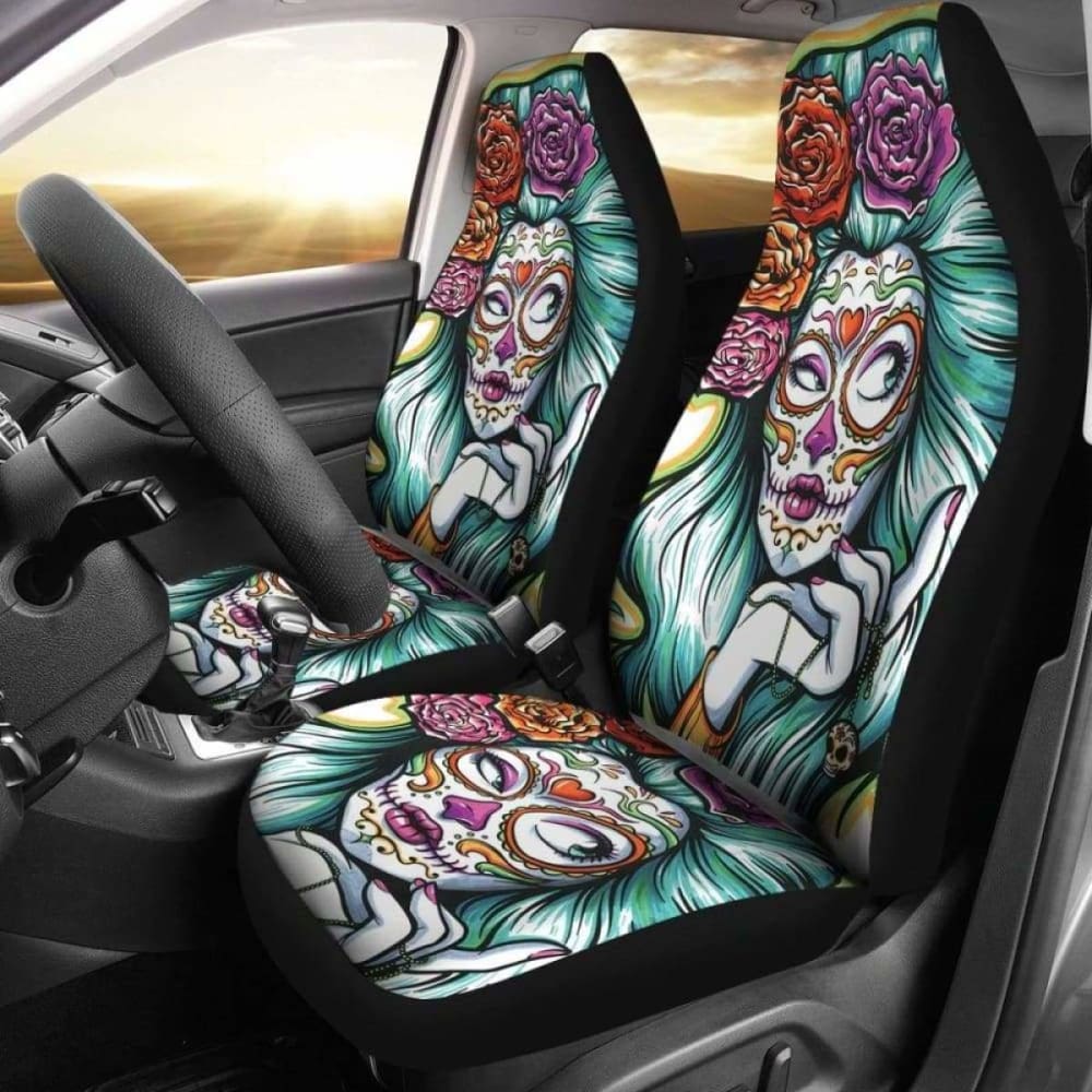 Set 2 Day Of The Dead Car Seat Cover Sugar Skulls 101207
