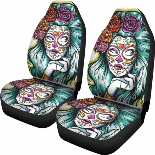 Set 2 Day Of The Dead Car Seat Cover Sugar Skulls 101207