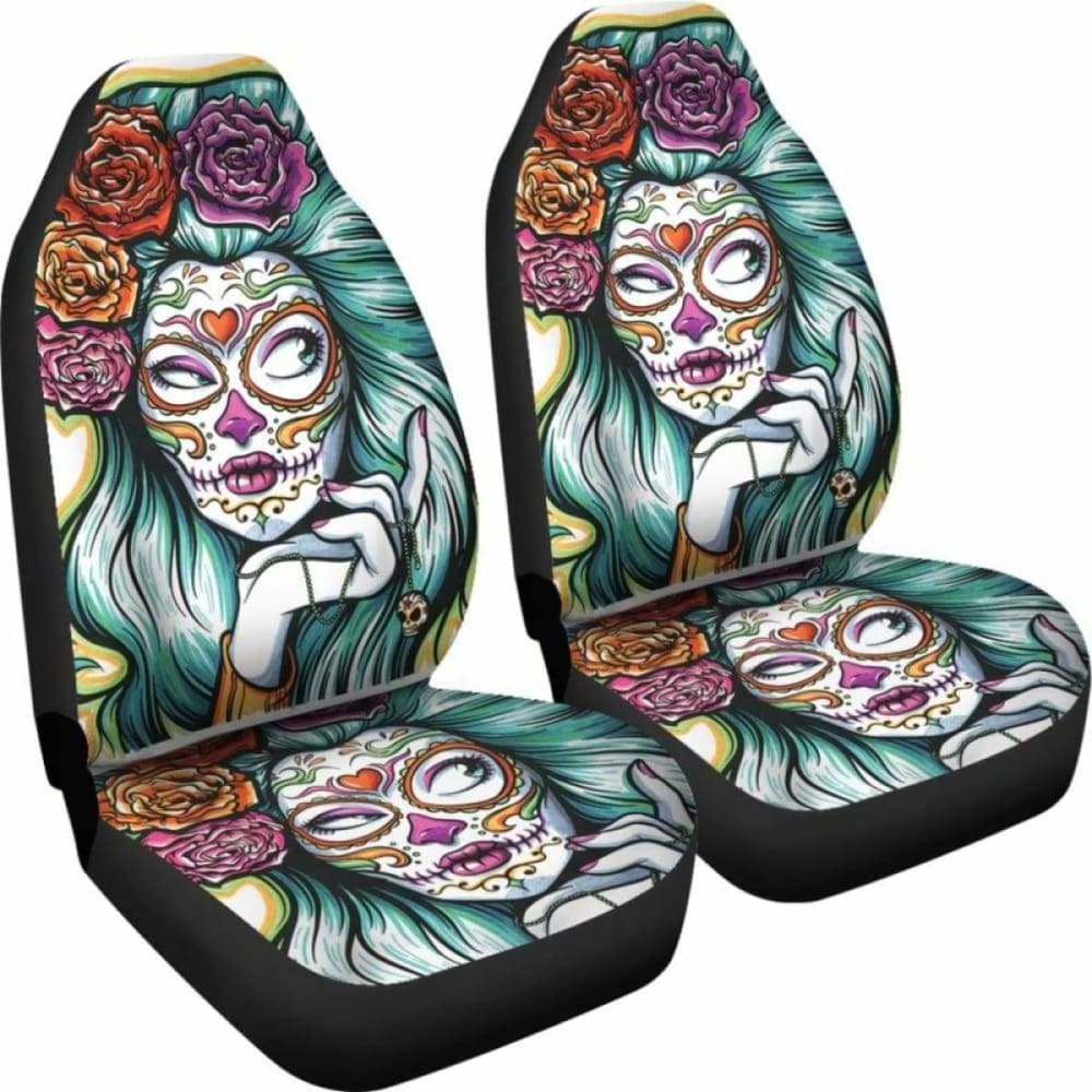 Set 2 Day Of The Dead Car Seat Cover Sugar Skulls 101207