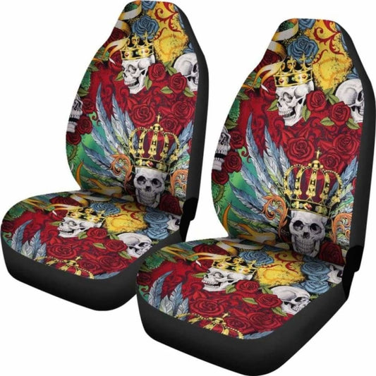 Set 2 King Skull Gothic Seat Cover Sugar Skulls 101207