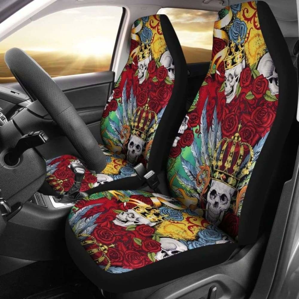 Set 2 King Skull Gothic Seat Cover Sugar Skulls 101207