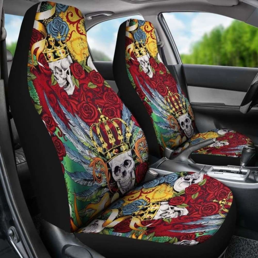 Set 2 King Skull Gothic Seat Cover Sugar Skulls 101207